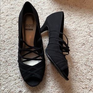 Black stretch peep toe heels